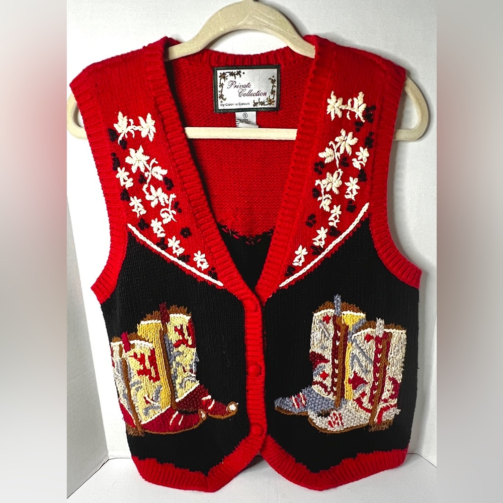 Vintage Private Collection Western Cowboy Boots Knit Sweater Vest SMALL